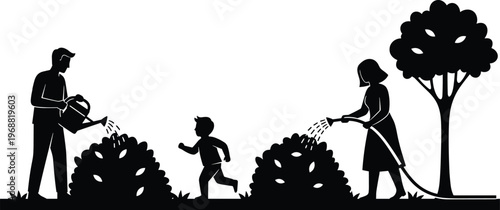 Silhouette illustration of a happy family, including a father, mother, and child, actively watering bushes in their garden, promoting teamwork and environmental care.