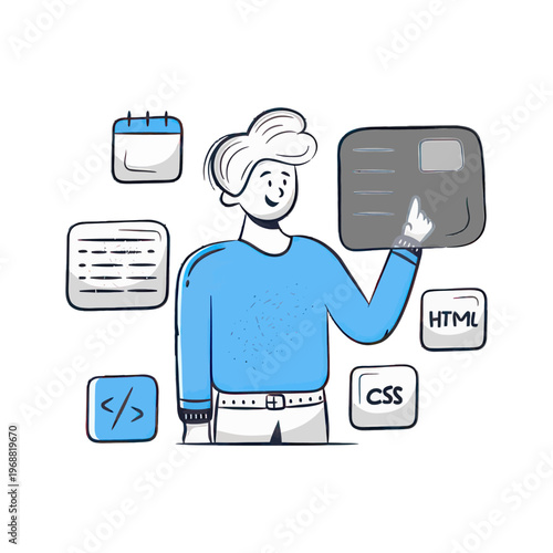 A smiling cartoon man in a blue shirt interacting with a grey screen surrounded by HTML CSS and coding symbols vector illustration