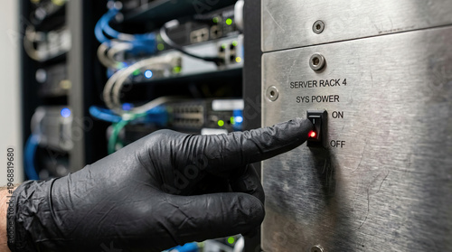 Wallpaper Mural Hand activating switch on server rack power panel with black glove in data center environment showing technology and control Torontodigital.ca