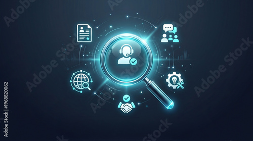 Customer service concept with magnifier and headset icon, glowing digital network background, futuristic technology and communication, bright blue neon light effect, modern business support