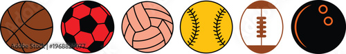 Collection of various sports balls icons including basketball soccer volleyball softball rugby and bowling balls in a row on white background