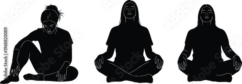 Vector silhouettes of three women in various meditative yoga poses, sitting calmly with closed eyes, promoting peace, mindfulness, and spiritual wellness.