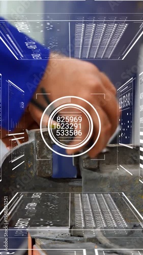 Vertical video: Technician placing cable in bench vise and cutting wire for assembly, HUD updating