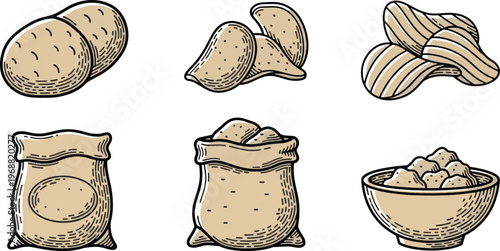 Fresh Potato and Crispy Potato Chips Set with Sack and Bowl Illustration