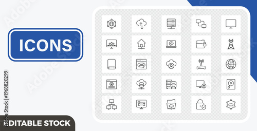 Set of 20 thin line network and technology icons, including cloud computing, server, internet, data storage, and communication symbols for web and mobile applications