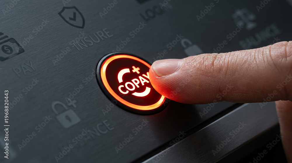 custom made wallpaper toronto digitalFinger pressing copay button on black digital control panel, close up view of healthcare payment concept with illuminated orange light and modern technology interface
