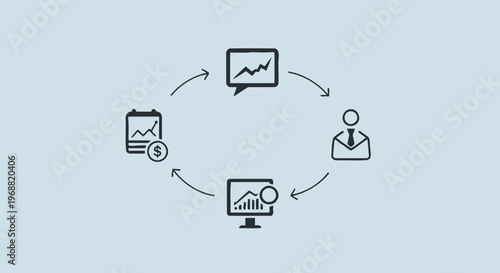 Business process flow chart with icons representing data analysis and management.
