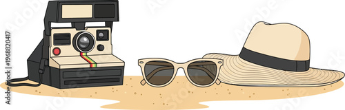 Vintage summer vacation essentials on sand with copy space