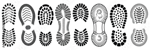 Shoe Sole Imprint Vector Set, Footprints and Boot Tracks Silhouette Collection, Human Shoe Trace Marks, Isolated Black Footprint Symbols, Walking Track Pattern Illustration