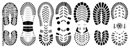 Shoe Sole Imprint Vector Set, Footprints and Boot Tracks Silhouette Collection, Human Shoe Trace Marks, Isolated Black Footprint Symbols, Walking Track Pattern Illustration