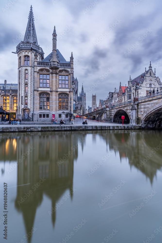 Fototapeta premium View of the Old Post Office and Saint Michael's Bridge in Ghent, Belgium.