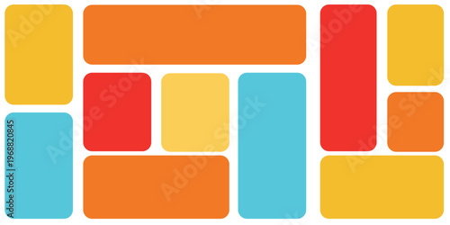 A visually engaging abstract composition featuring a dynamic arrangement of rectangular shapes with softly rounded corners, creating a vibrant mosaic effect.