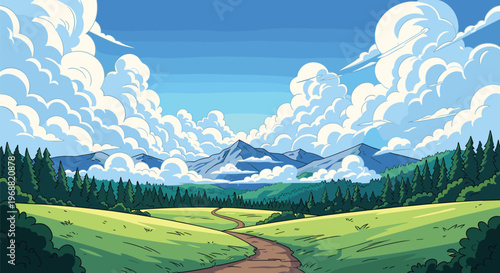 Picturesque cartoon landscape featuring a winding path through a green meadow, surrounded by pine forests, leading to majestic mountains.