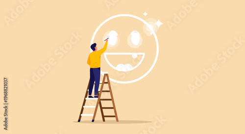 Man on ladder painting smiley face on wall with brush in studio