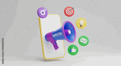 A smartphone displays a megaphone surrounded by social media icons on a gray surface