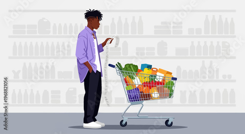 Man pushing grocery cart filled with food products in supermarket aisle