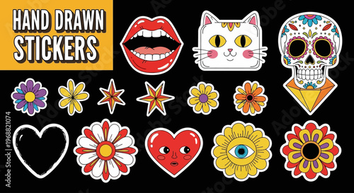 Vibrant hand-drawn stickers of flowers, hearts, and skulls arranged on black