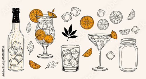 Vibrant illustration of a bar scene with a gin bottle, martini, glasses, ice cubes, and sliced oranges on a table indoors.