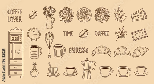 A collection of coffee-themed illustrations including beans, cups, machines, and pastries on a beige background