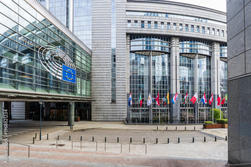 European Parliament Headquarters with Member State Flags, Brussels