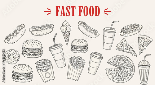 Various fast food items are displayed on a table for eating quickly.