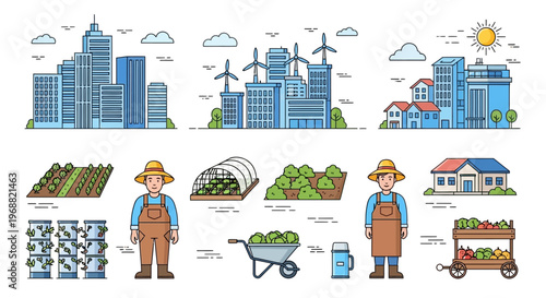 A farmer standing next to a cart with fresh produce in a sunny suburban landscape with cityscape and wind turbines