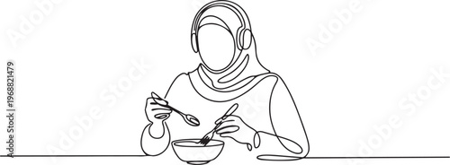 person wearing headphones and a hijab, sitting at a table and eating from a bowl with utensils, symbolizing modern lifestyle and inclusivity. one line art icon drawing vector