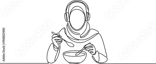person wearing headphones and a hijab, sitting at a table and eating from a bowl with utensils, symbolizing modern lifestyle and inclusivity. one line art icon drawing vector