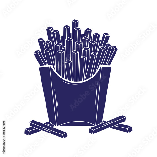 Dark blue silhouette of a paper carton filled with rectangular potato french fries with two loose fries lying on the ground isolated on a white background