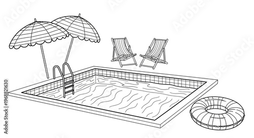 Illustration of a serene poolside scene with lounge chairs, umbrellas, and inflatable toy