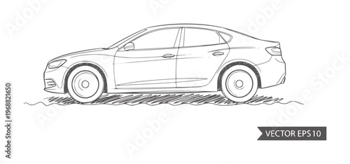 Black and white of a modern sedan car driving a textured surface outline
