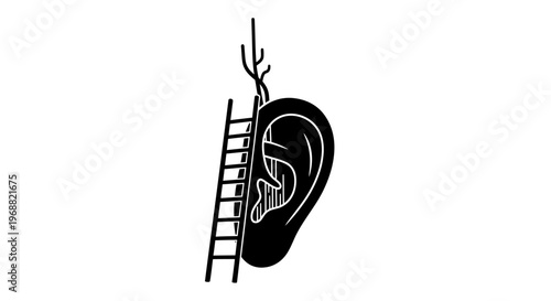 Black and white illustration of ear with ladder.