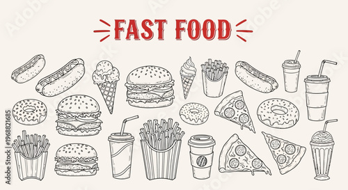 A variety of fast food items are arranged on a table indoors.