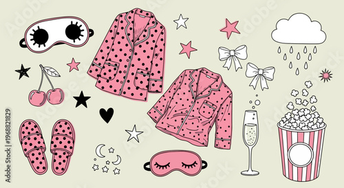 A cozy movie night setup with pink pajamas, sleep mask, and snacks on a table indoors