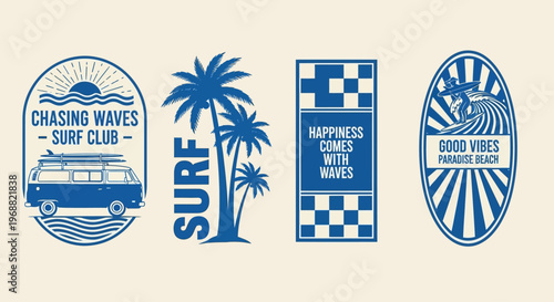 Surf club designs featuring waves, surfboards, palm trees, and good vibes on a sunny day