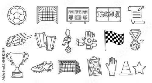 Soccer players compete in a stadium with various sports equipment and symbols