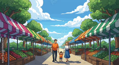 Happy family with a young child enjoying a leisurely stroll through a vibrant outdoor farmer's market, browsing fresh produce under a sunny sky.