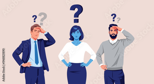 Confused business people ponder questions in office setting with doubts