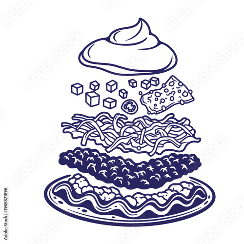 Exploded view of a taco with layers of ground meat shredded lettuce diced cheese tomato slices and a dollop of sour cream on in a dark blue line style on a white background