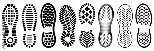 Shoe Sole Print Set, Footprint Texture Silhouette Collection, Boot Track Vector Illustration, Walking Step Mark Pattern, Isolated Black Imprint Symbol Design Element, Grunge Style Pack
