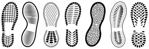 Shoe Sole Print Set, Footprint Texture Silhouette Collection, Boot Track Vector Illustration, Walking Step Mark Pattern, Isolated Black Imprint Symbol Design Element, Grunge Style Pack