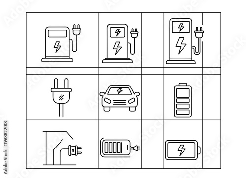 Electric vehicle charging station icons set.