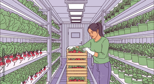 Woman inspecting plants in a large indoor hydroponic farm with rows of leafy greens