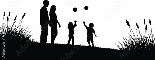 Happy family silhouette playing with balls on a grassy hill, parents watching their children reach for the flying spheres outdoors, symbolizing joy and togetherness.