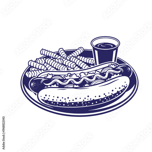 Monochrome of a hot dog with mustard and onions served on a plate with crinkle cut fries and a small cup of dipping sauce isolated on a white background