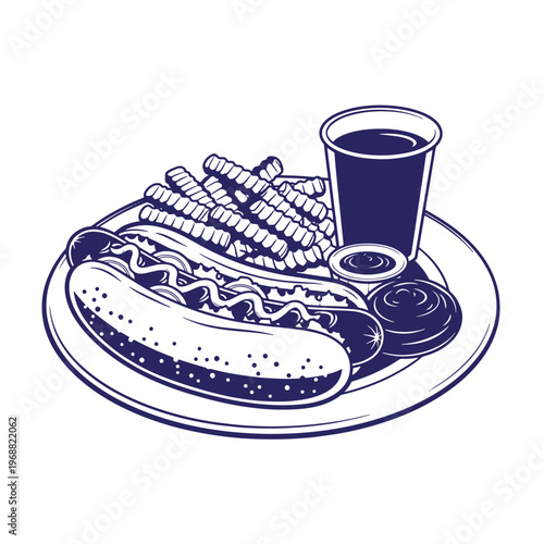 Monochrome of a hot dog with mustard on a bun served with crinkle cut fries and a drink in a cup with small dipping sauce containers on a round plate