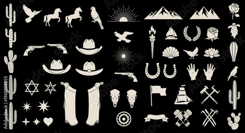 Western themed icons depict various cowboy hat accessories and symbols on black