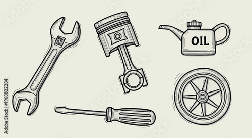 Automotive Repair and Car Maintenance Tools Icon Set with Piston, Wrench and Oil Can