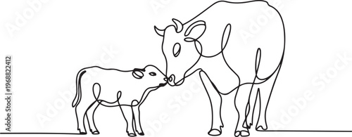 Mother and baby cattle love symbol single stroke outline art isolated. one line Icon drawing