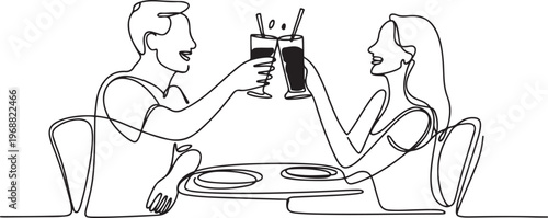 Single continuous line drawing couple toasting healthy juice drinks together at restaurant. Detox smoothie drink toast at summer holidays. one line art icon drawing vector